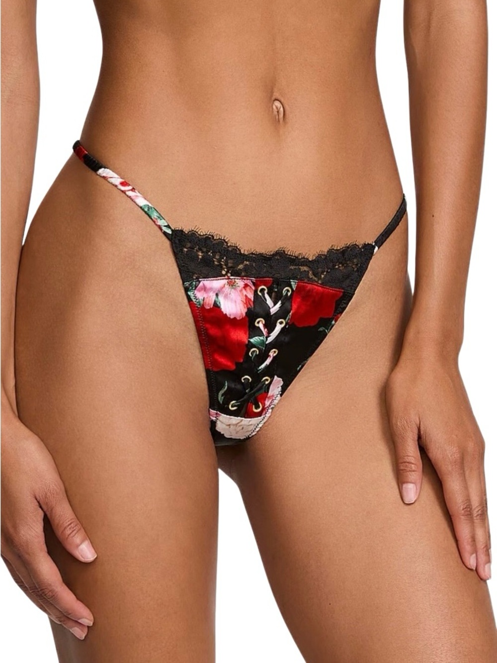 ATELIER x Victoria's Secret Small Black Roses Satin Lace Trim Tanga Panty